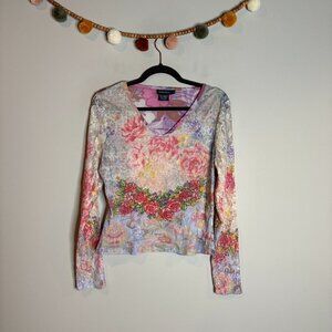 Y2K Boston Proper colorful floral beaded mesh top